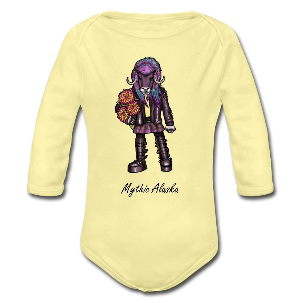 Mavis Muskox - Organic Long Sleeve Baby Bodysuit - washed yellow