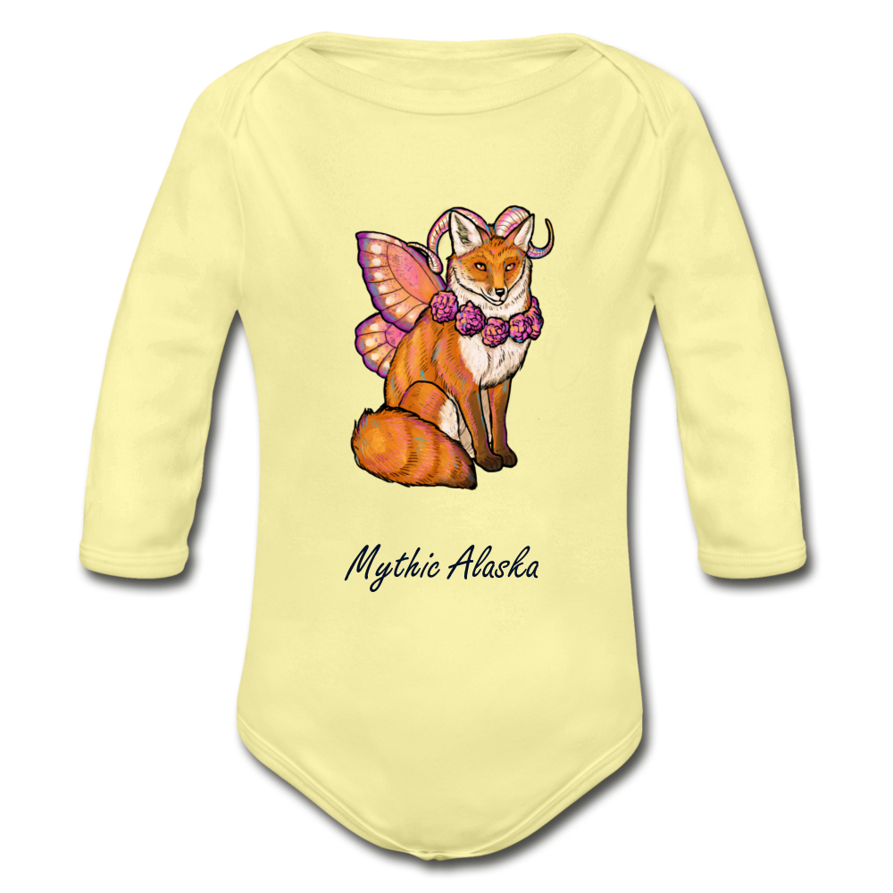 Fairy Fox - Organic Long Sleeve Baby Bodysuit - washed yellow