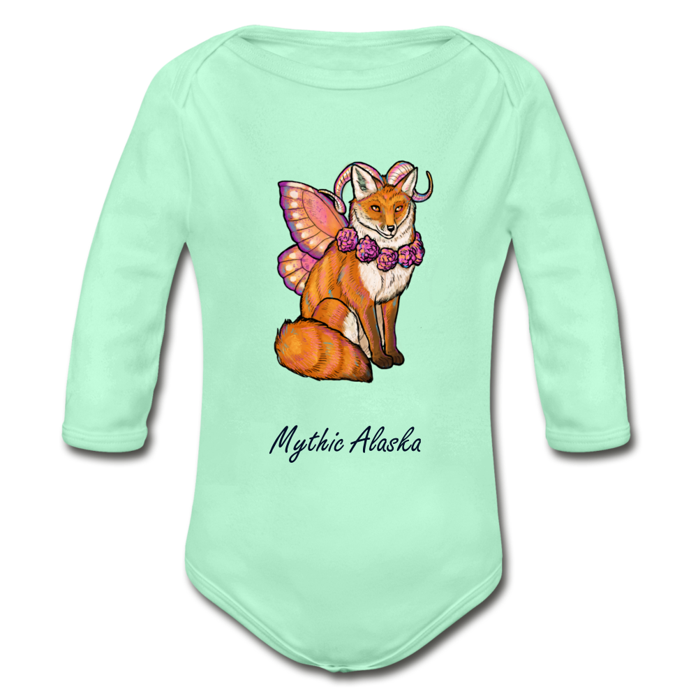Fairy Fox - Organic Long Sleeve Baby Bodysuit - light mint