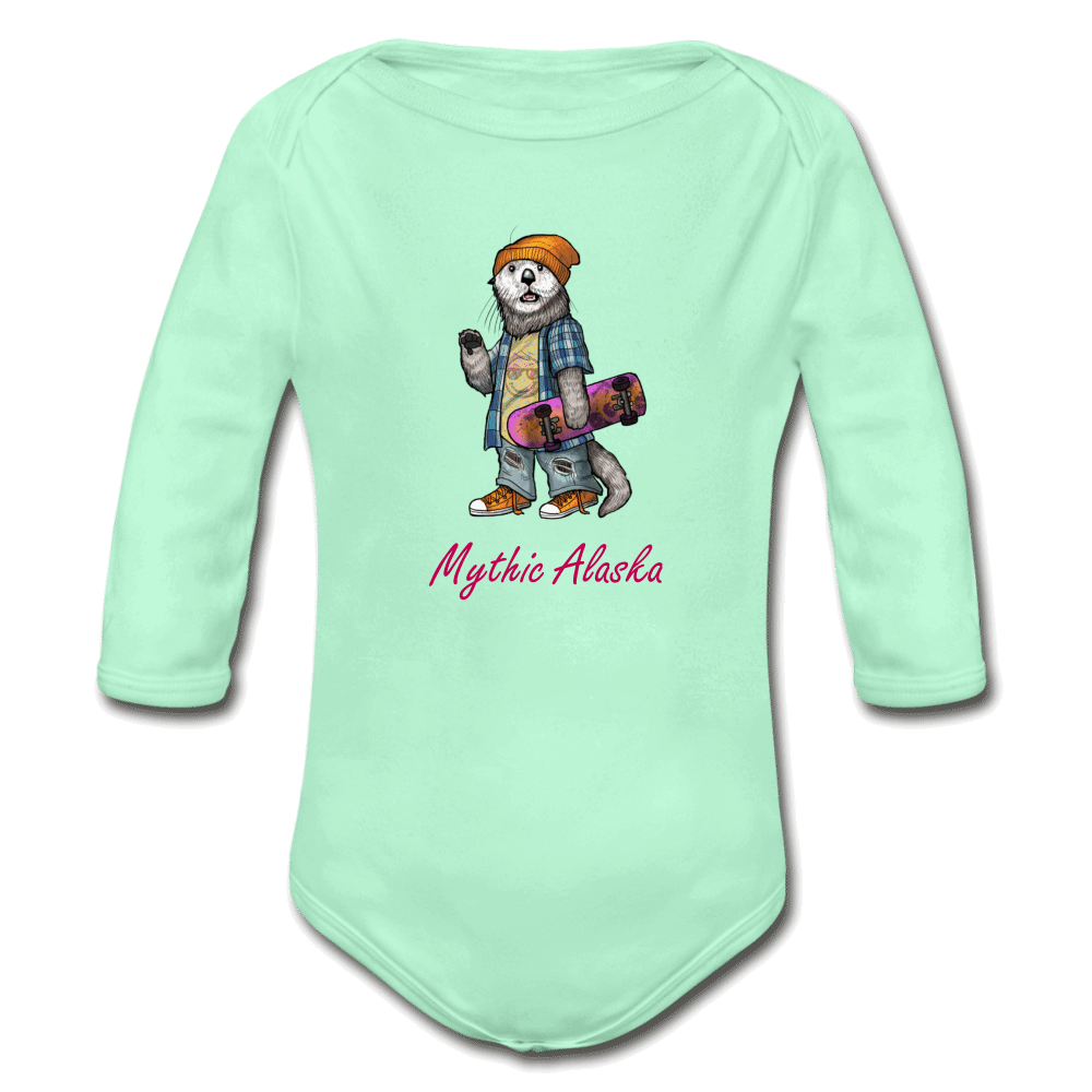 Ollie Otter - Organic Long Sleeve Baby Bodysuit - light mint